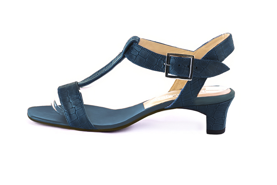 Women's denim blue elegant fully open instep strap sandals. Square toe. Low kitten heels - Profile view